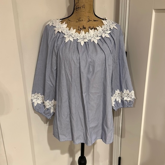 Bedford Fair Pinstripe Quarter Length Scoop Neck Top Size Large - Picture 1 of 7